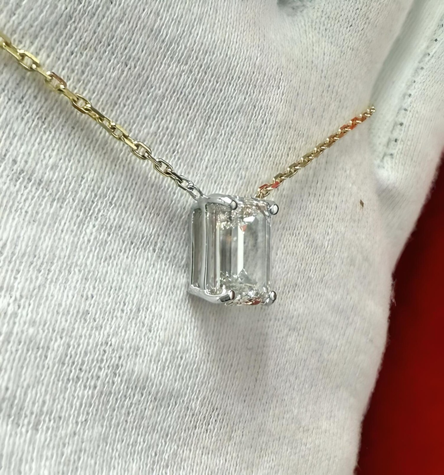 4Ct Emerald EF/VS1 Lab Grown Diamond Two-Tone Necklace& Pendant 14k Yellow Gold