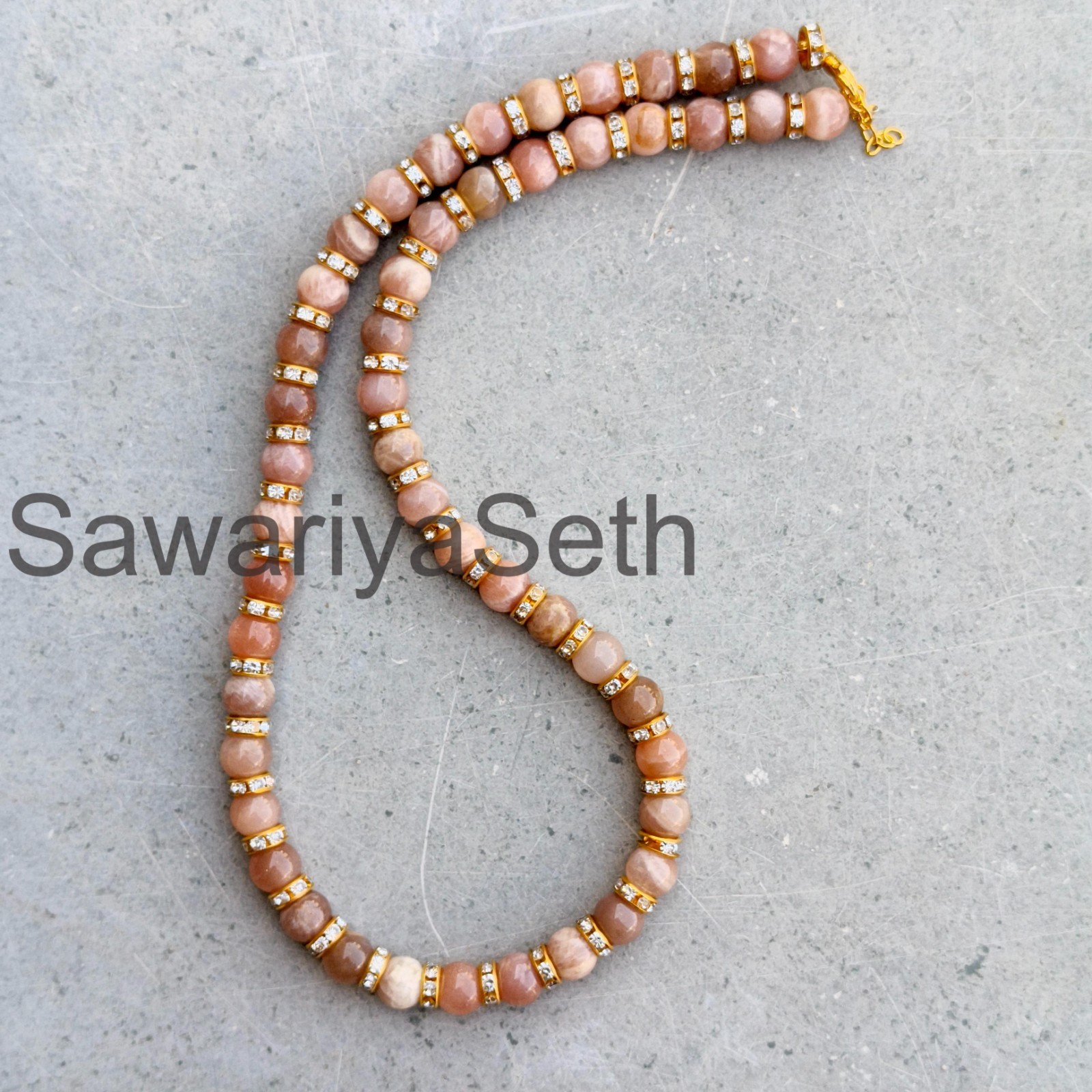 Brown Moonstone 8mm Beaded Necklace, Sterling Silver Clasp, June Birthstone Chok