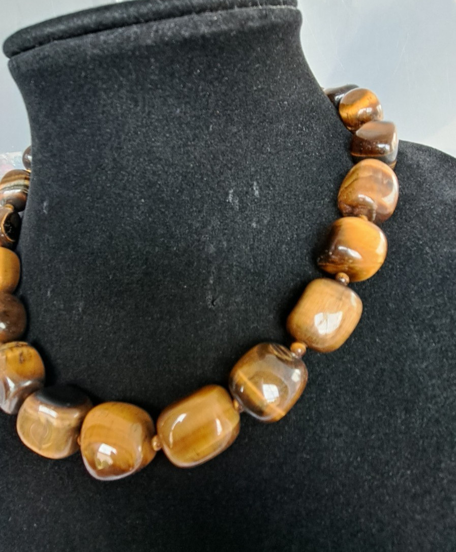 Fashion Jewelry Gemstone Tiger’s Eye Beaded Necklace Sterling Silver Clasp