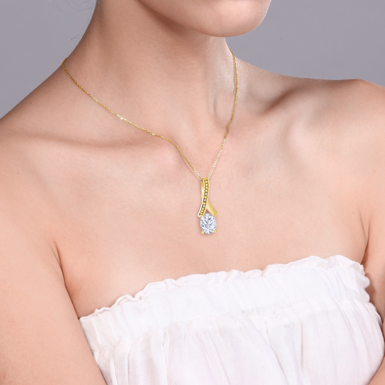 18K Yellow Gold Plated Silver Pendant Near Colorless Moissanite & Diamond
