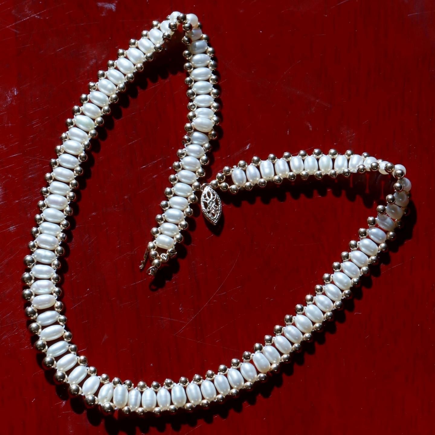 14k yellow gold necklace 3.5-4mm cultured pearl gold bead 16.0″ strand 12.83gr