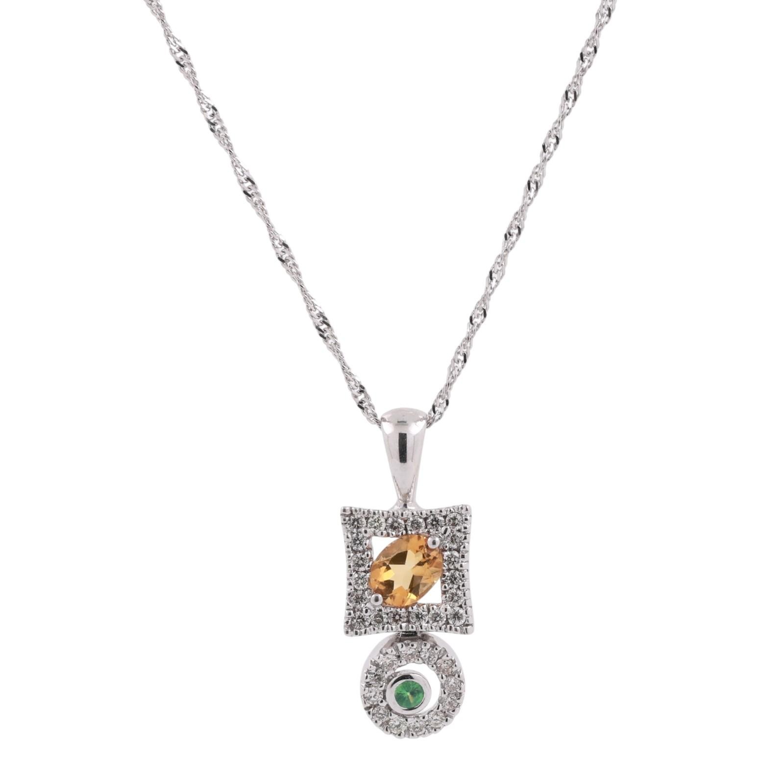 14K White Gold Citrine Diamond Halo Pendant Necklace Emerald Accent 0.61CTW