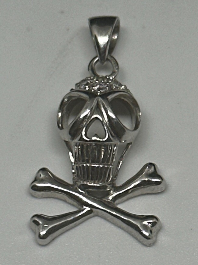 Skull & Crossbones Sterling Silver 925 Pave Rhinestone 1″ FAS Pendant Only 2.3g
