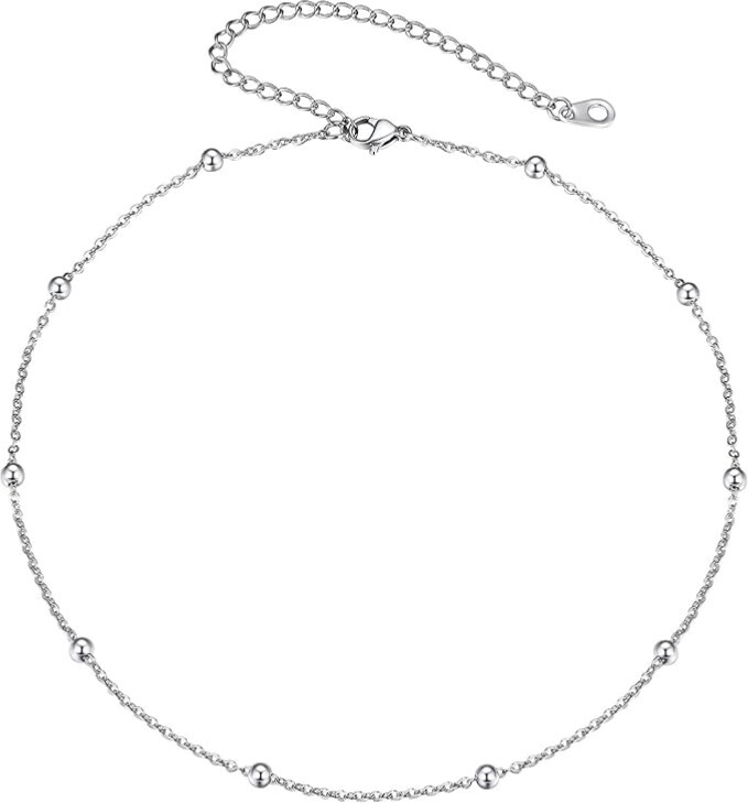Silver Beaded Ball Chain Choker Necklace 14” +3.5” extender 316L Stainless Steel