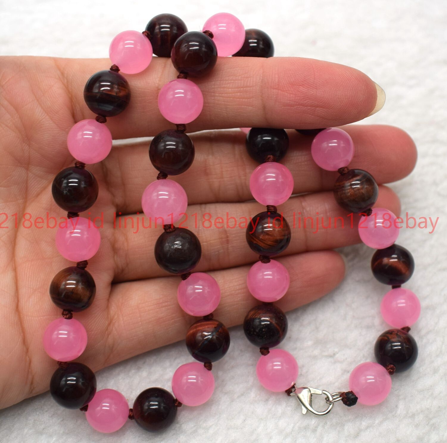 Natural 10mm Pink Crystal and Red Tiger Eye Round Gemstone Bead Necklace 16-32in