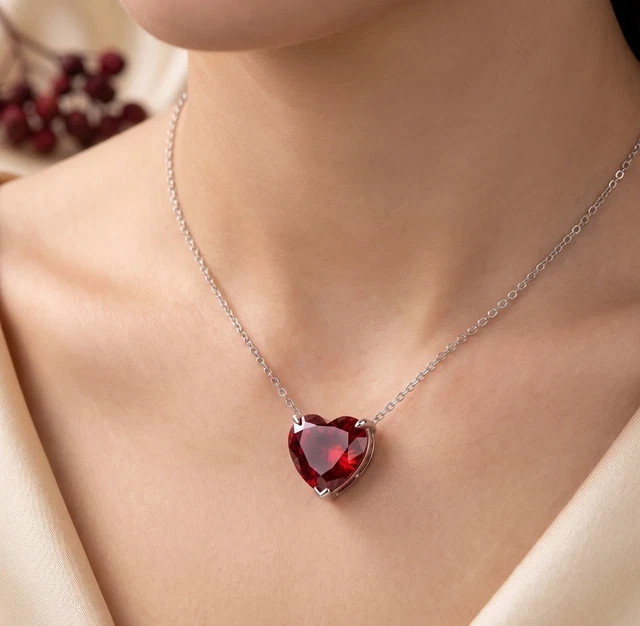 3Ct Heart Cut Lab Created Ruby Women’s Chain Necklace 14k White Gold Plated