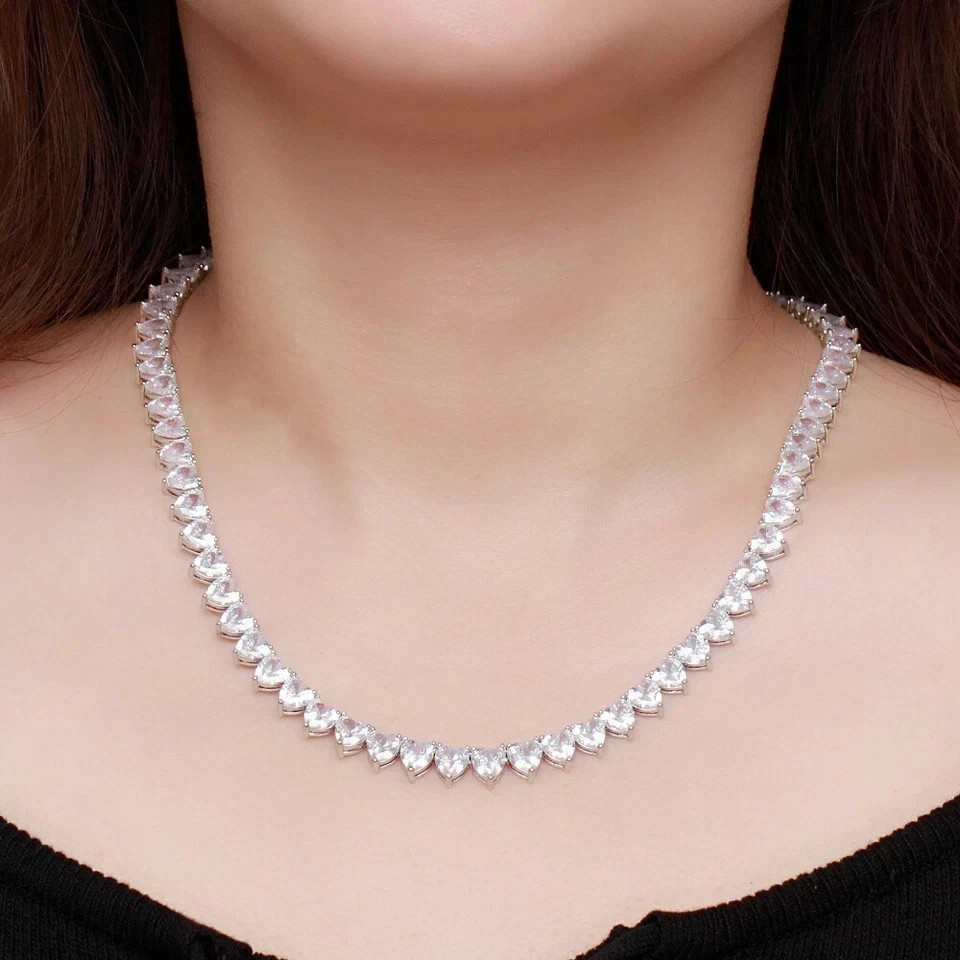 20TCW Heart Cut Lab Created Diamond Tennis Necklace 14k White Gold Plated