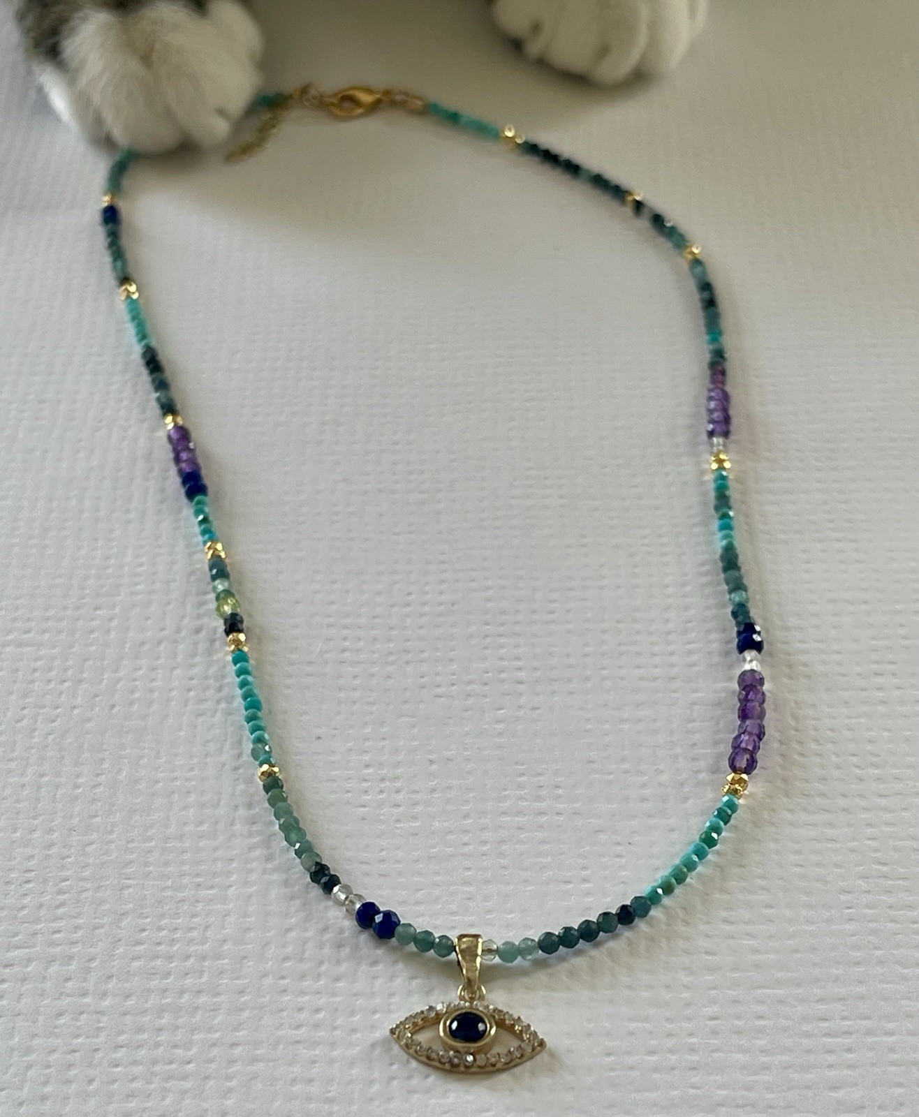 Gold 10k multi color gemstone necklace Evil Eye Pedant