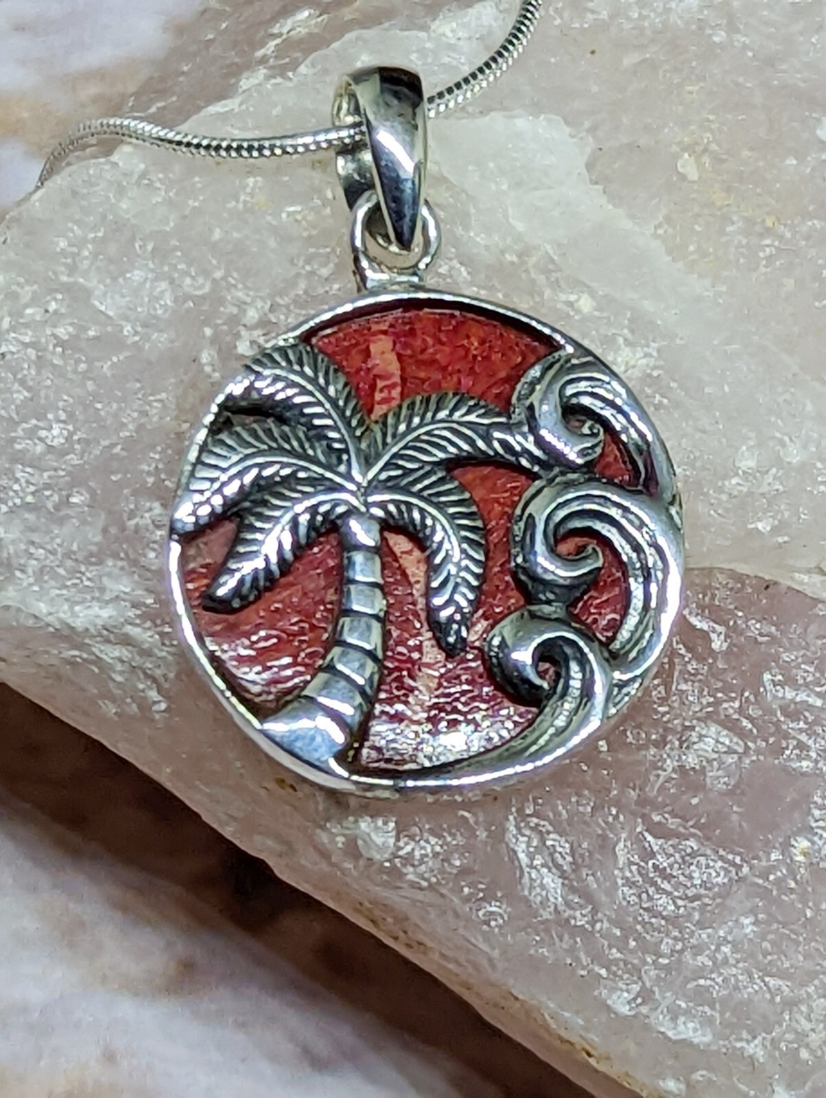 Sterling Silver Palm Tree, Waves and Coral Necklace