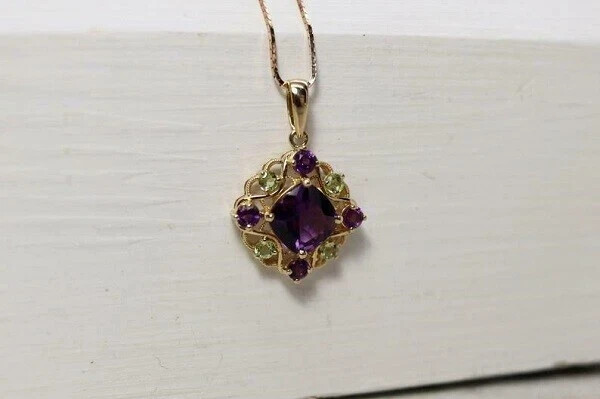 Lovely 1.50CT Cushion Lab Created Amethyst Pendant 14K Yellow Gold Plated Chain