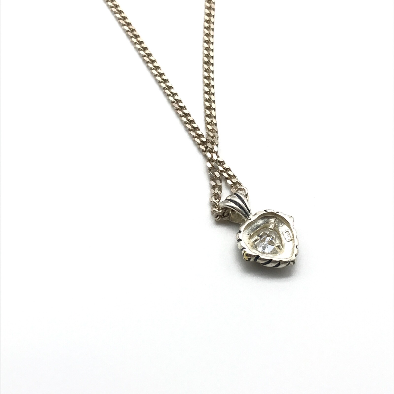 925 Sterling Silver Clear CZ Heart Two Tone Pendant Curb Chain Necklace 18″
