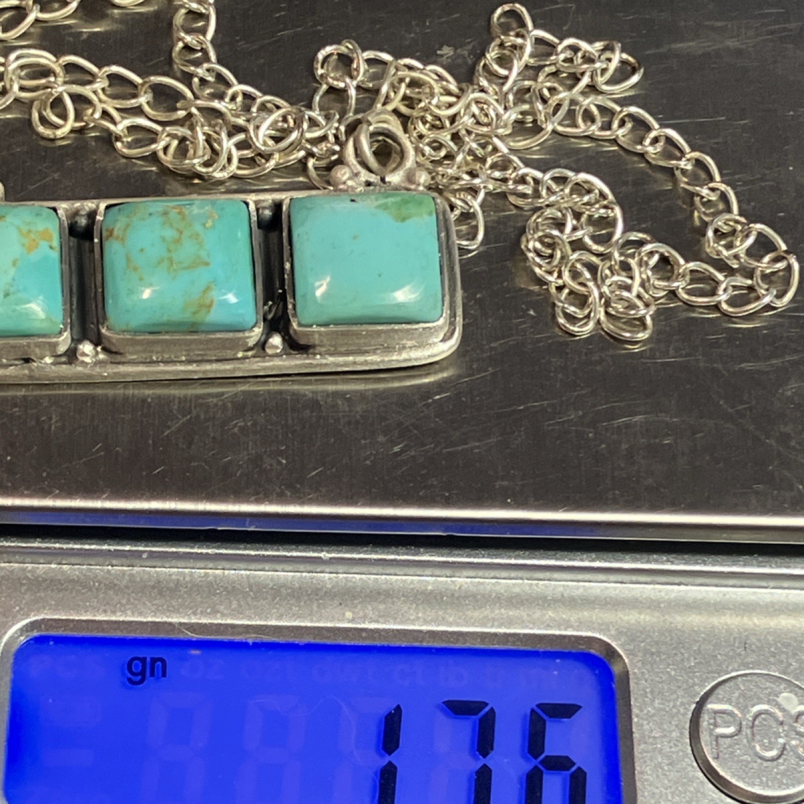 Native made 3 Turquoise cabochon Stones 18″ Cable Chain Hook BAR NECKLACE SILVER