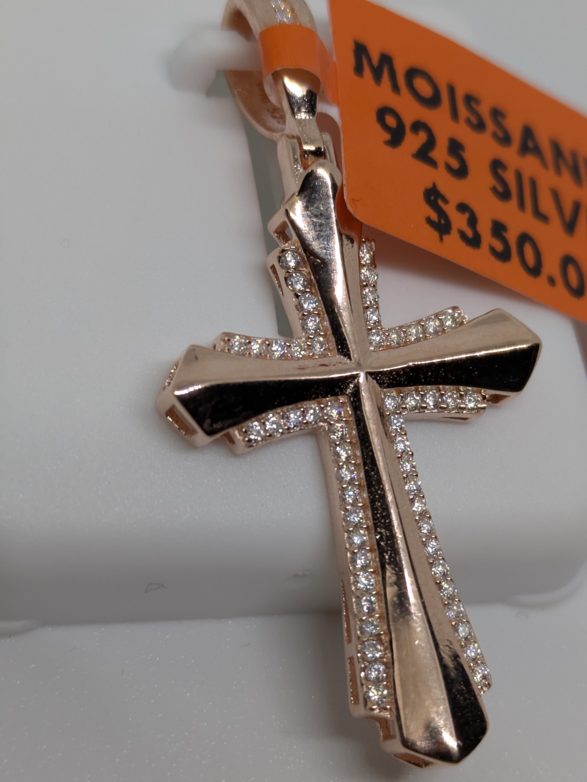 New W/Tag 1.50CTW Moissanite 18K Rose Gold Vermeil Cross+Chain 16-17in. Adjusted