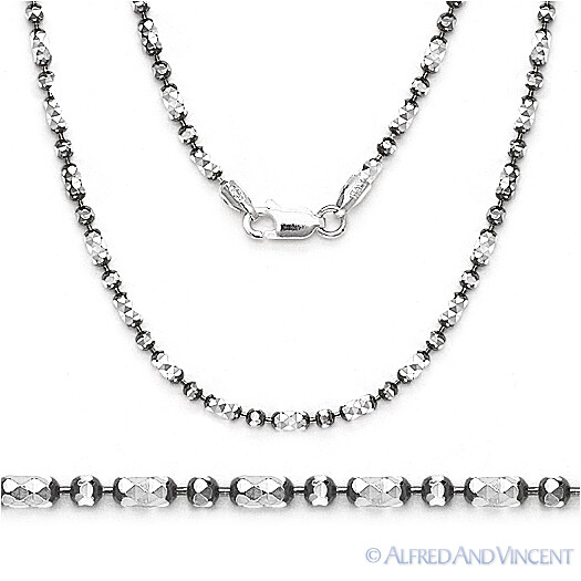 Sterling Silver Black Rhodium 2.3mm Diamond-Cut Bead Link Chain Italian Necklace