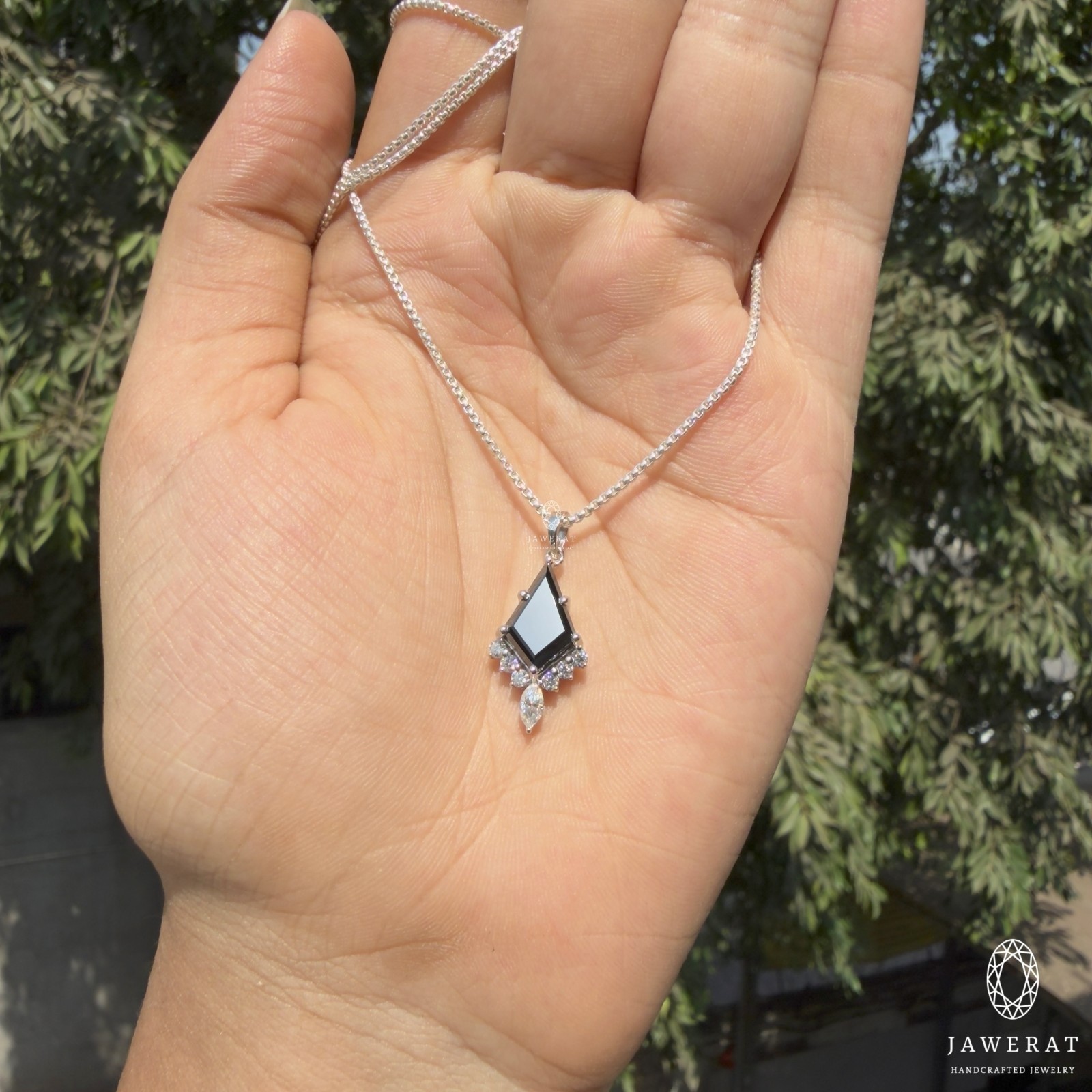 Hand Cut Black Kite Moissanite Pendant Necklace, Gothic Statement Jewelry