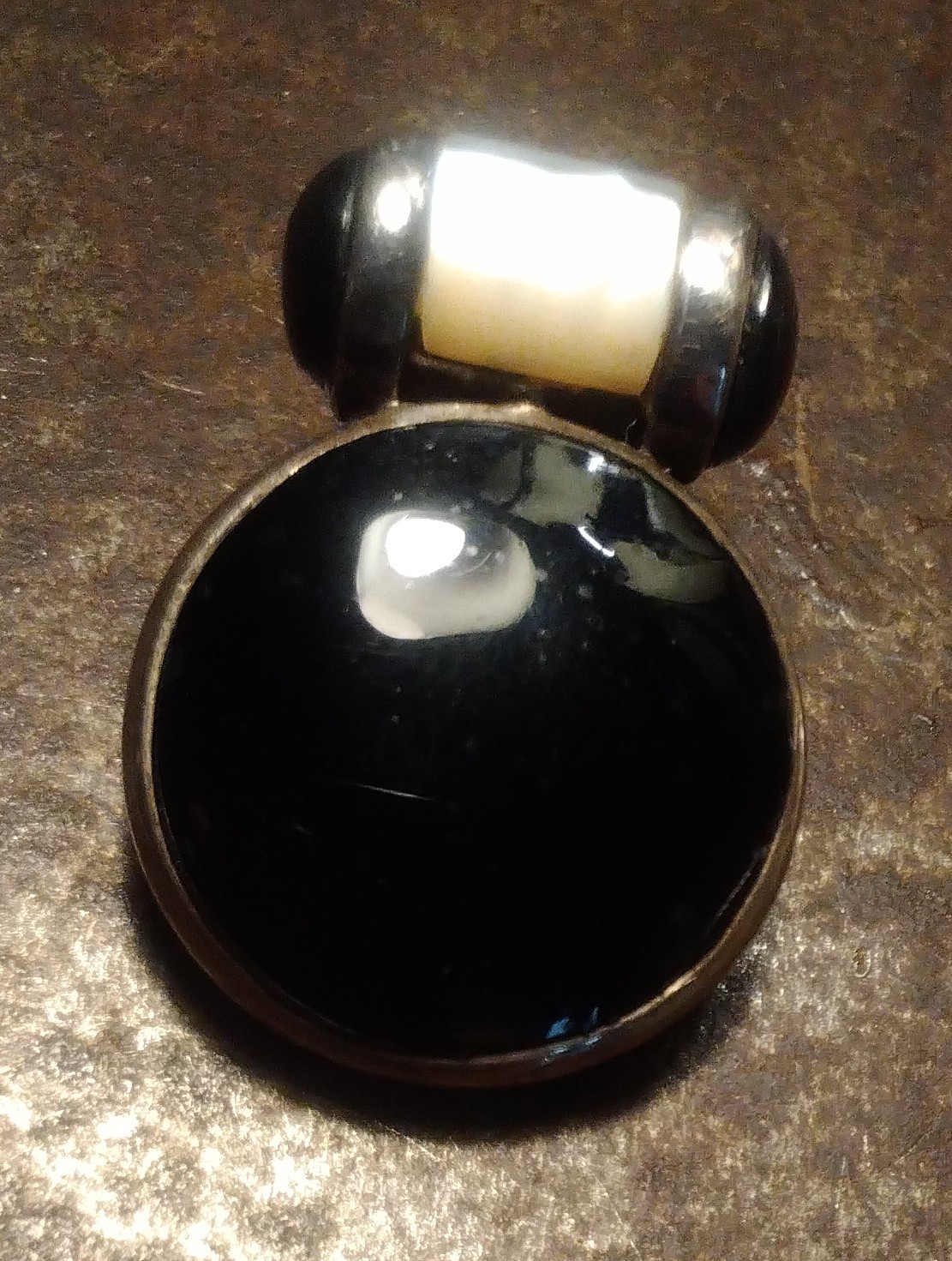 925 STERLING SILVER ONYX NECKLACE Pendant Mother Pearl MOP THAI Vtg Round Thick