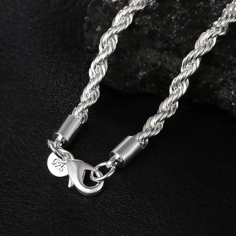 4mm Diamond Cut Solid 925 Sterling Silver Italian Rope Chain Men’s Necklace