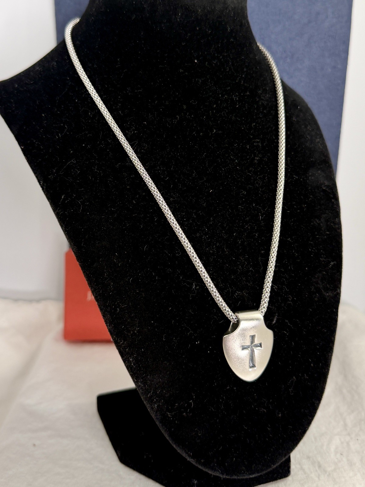 JAMES AVERY Sterling Silver Shield Faith Cross Pendant Popcorn Necklace; RETIRED