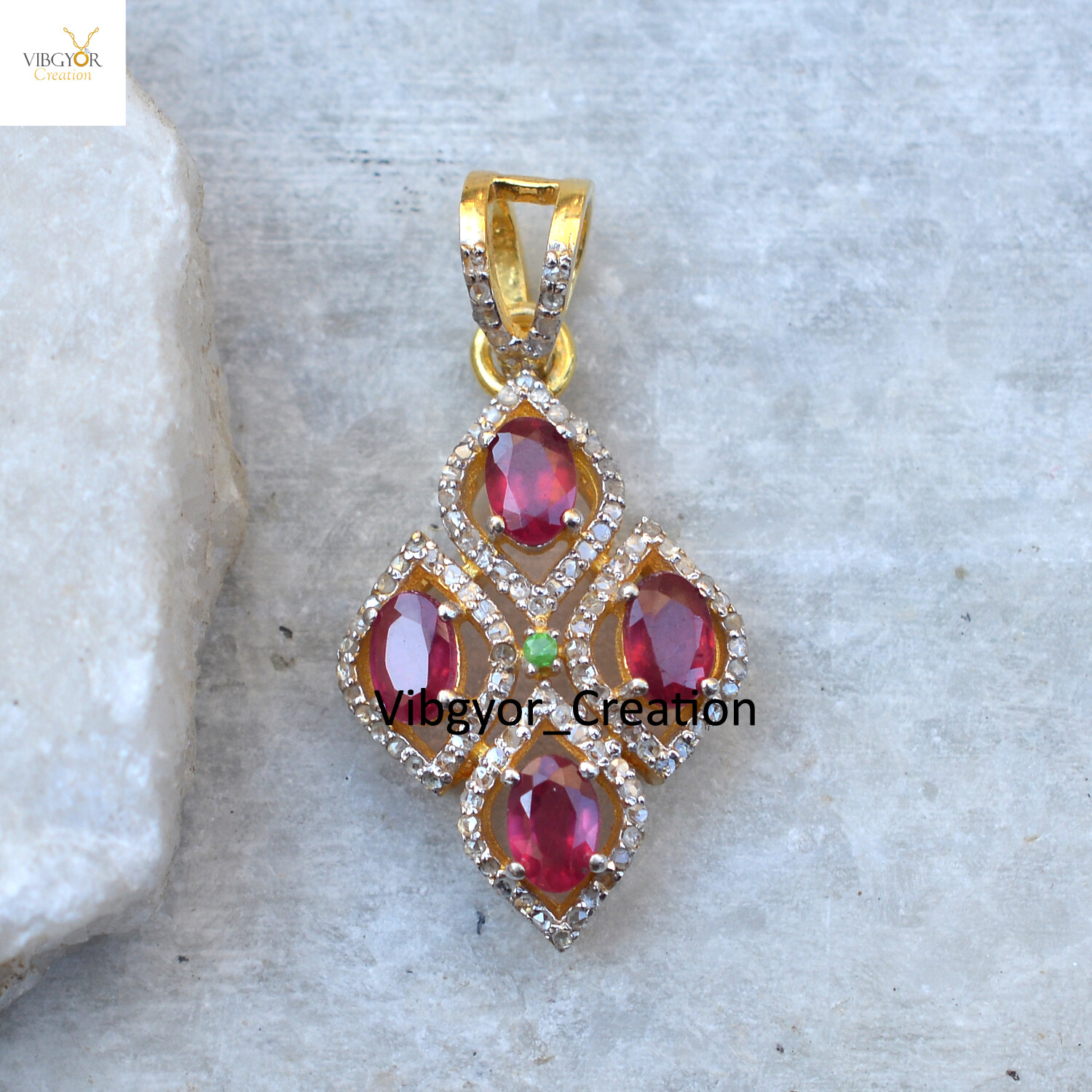 Pave Diamond Pendant Natural Ruby Gemstone Jewelry 925 Silver Gold Vermeil Charm