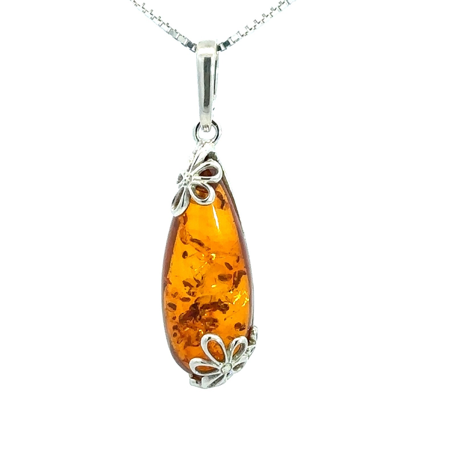 Sterling Silver Baltic Amber Pendant With Flowers (3/8 x 1 1/2 Inch)