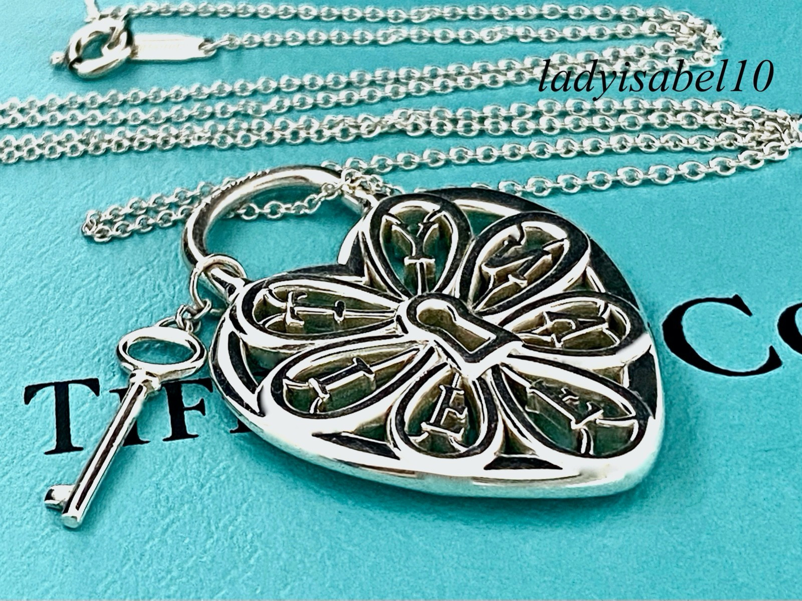 18″ Tiffany & Co Heart Keyhole Key Filigree Large Pendant Necklace Silver wPOUCH