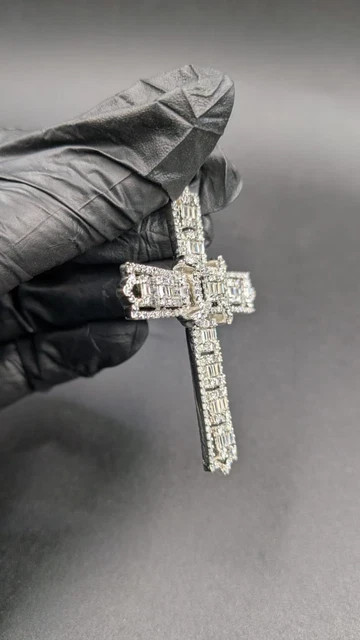 2Ct Baguette Cut Lab Created White Diamond Cross Pendant 14K White Gold Plated