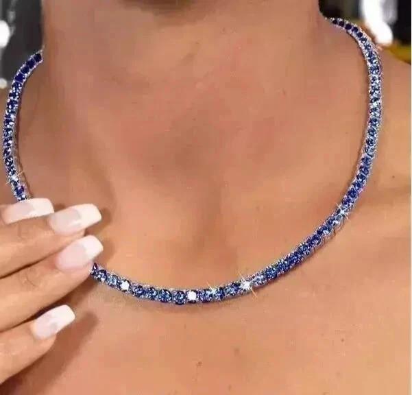 12Ct Lab Created Round Blue Tanzanite Tennis Necklace 14K White Gold Plated 16′