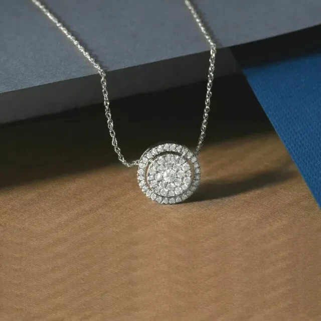 1.4Ct Round Cut Lab Created Diamond Halo Pendant 18″ Chain 14K White Gold Plated