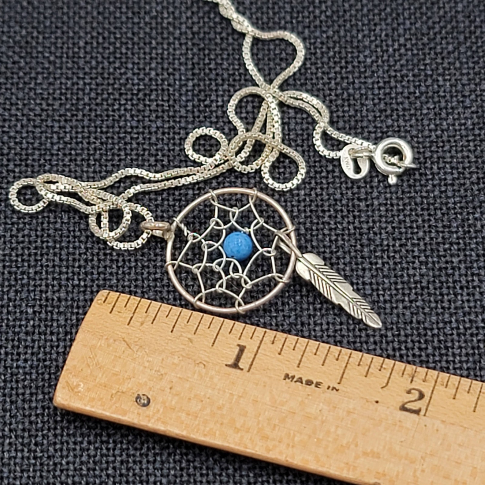 Dream Catcher Sterling Silver Necklace 925 Blue Stone Metal Feather 16″