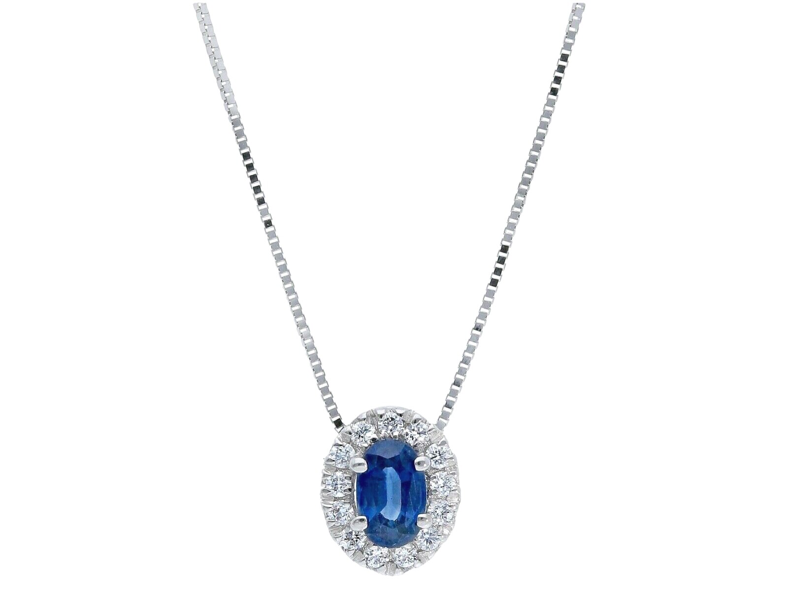 18K WHITE GOLD NECKLACE OVAL 0.35 SAPPHIRE DIAMONDS FRAME PENDANT VENETIAN CHAIN