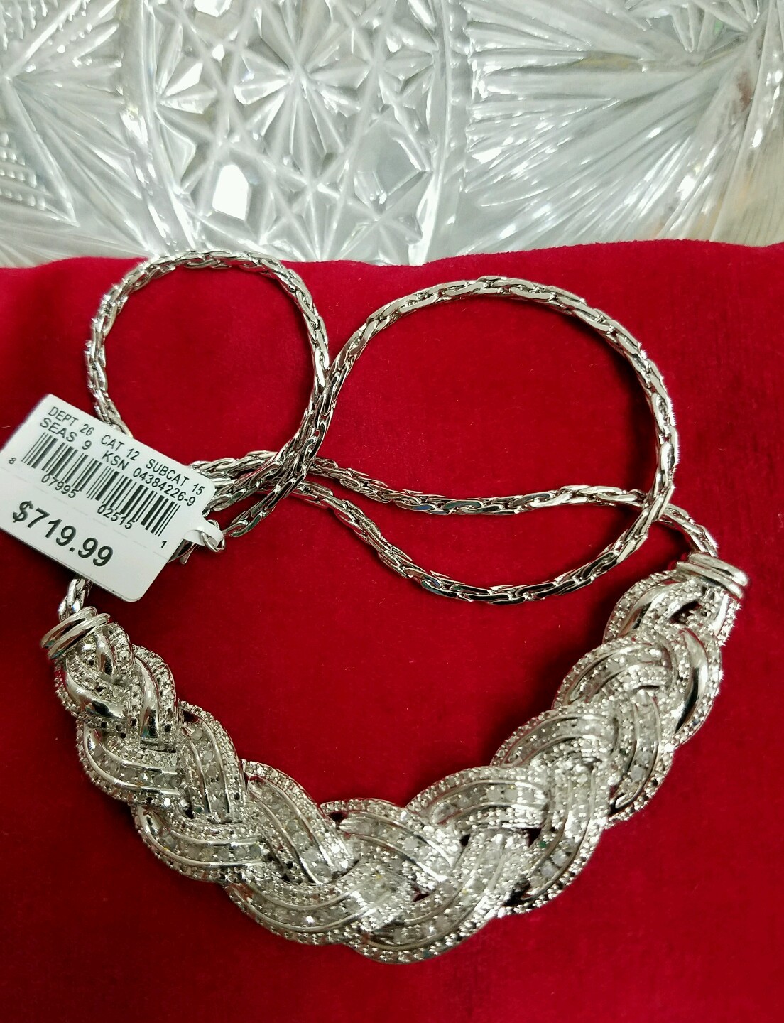 $719 SALE LARGE RHODIUM BRASS GENUINE 2 CARAT DIAMOND BRAIDED COCKTAIL NECKLACE