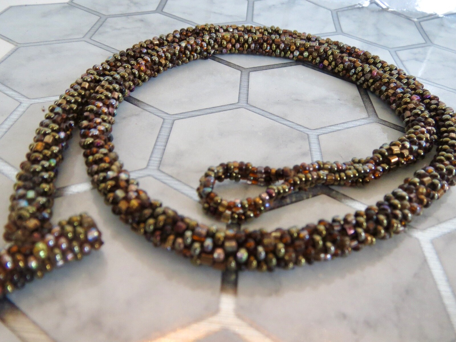No Metal Woven Seed Pearl & Seed Beads 7mm Wide Round NECKLACE 24″ Length