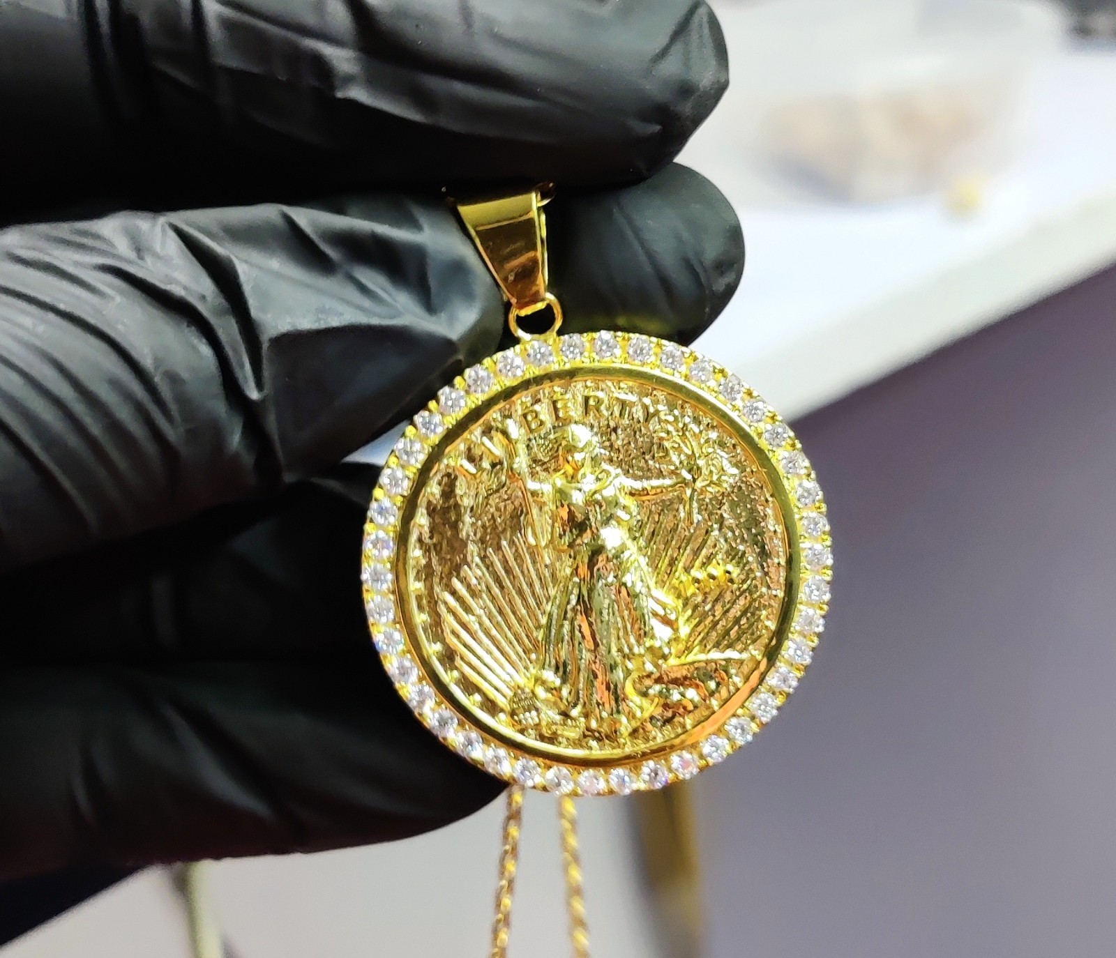 1.20Ct Round Cut Lab Created Diamond Liberty Coin Pendant 14K Yellow Gold Plated