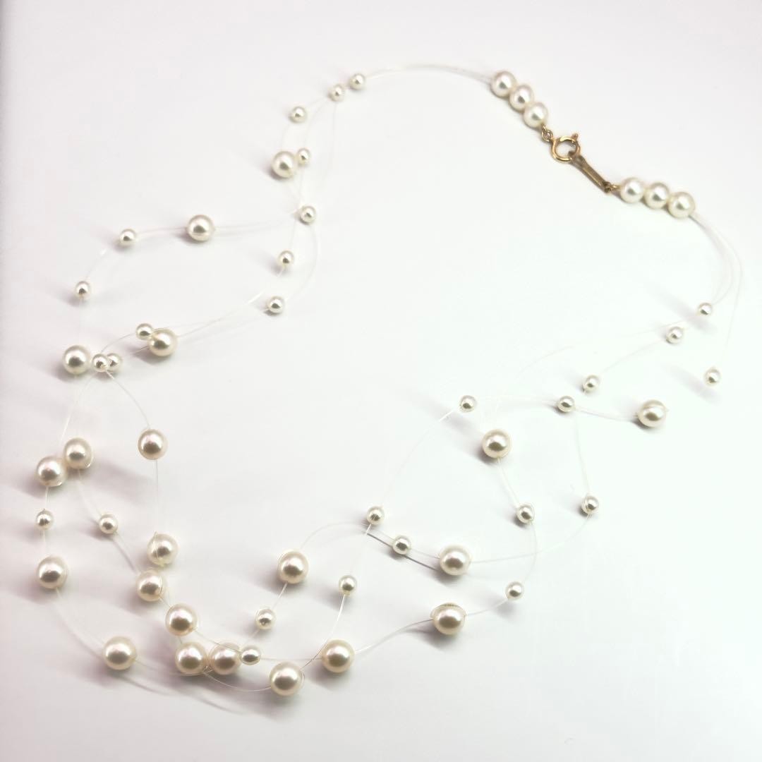 TASAKI 18K White Pearl 3-Row Wire Necklace 3-5.2mm 40cm 6.8g Triple Strand w/Box