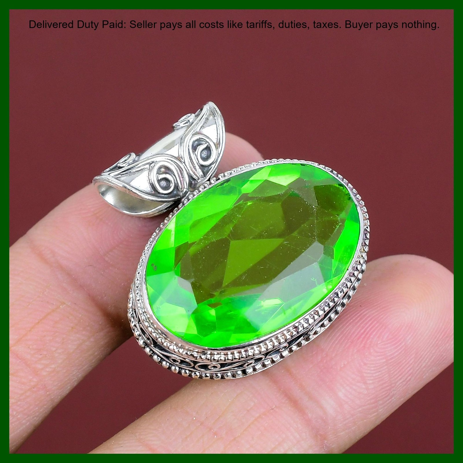 Oval Green Amethyst Stone Vintage Handmade Bezel New Pendant 925 Sterling Silver