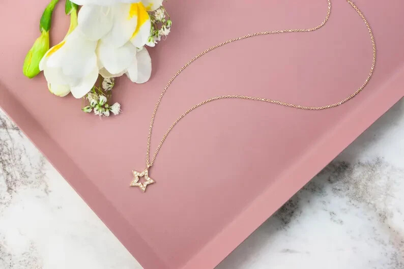 18″ Star Pendant For Girlfriend Gift 0.20CT Round Natural Diamond 14k Gold