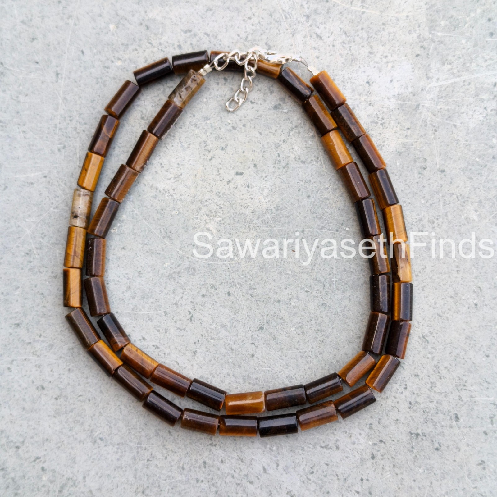 Natural Tiger’s Eye Tube Beads Necklace, Smooth Gemstone, Sterling Silver Clasp