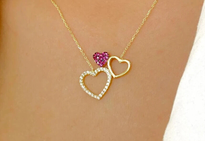 14K Yellow Gold Plated Diamond 3 Heart Pendant 2Ct Round Cut Lab Created Women’s