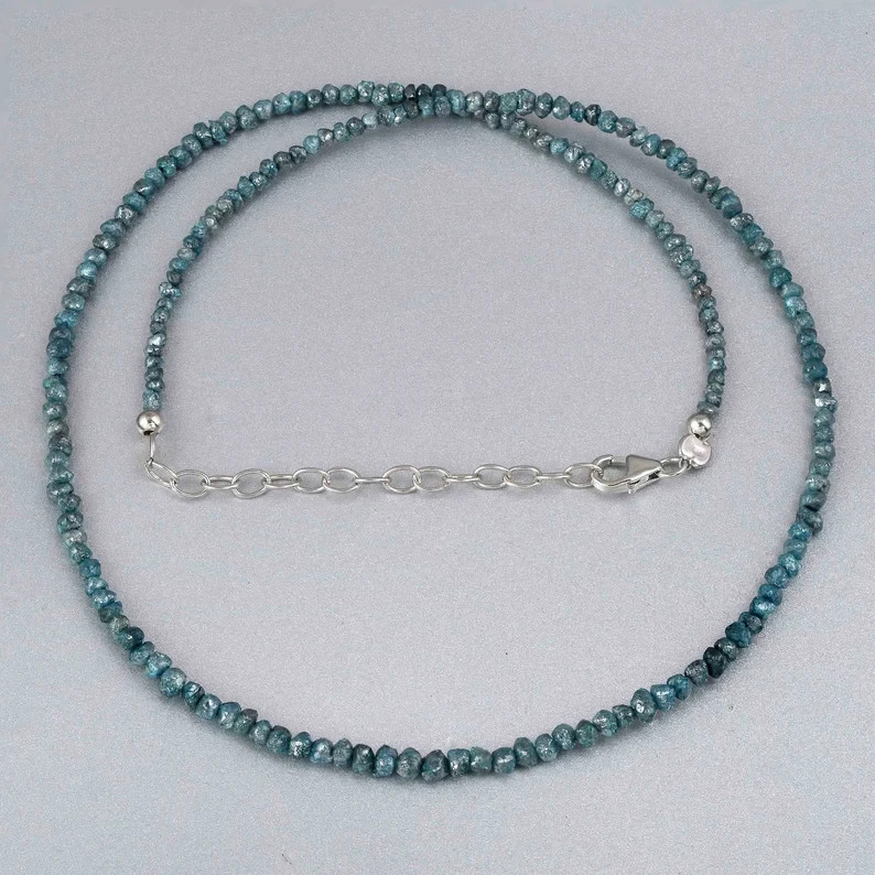 Natural Rough Blue Diamond Nugget Beads Necklace 925 Silver Handmade Chain