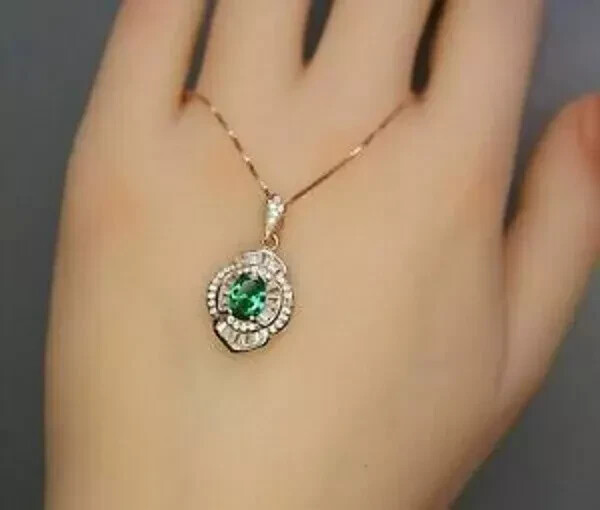 2.95Ct Oval Cut Green Emerald & Diamond Women’s Pendant 14k Yellow Gold Finish