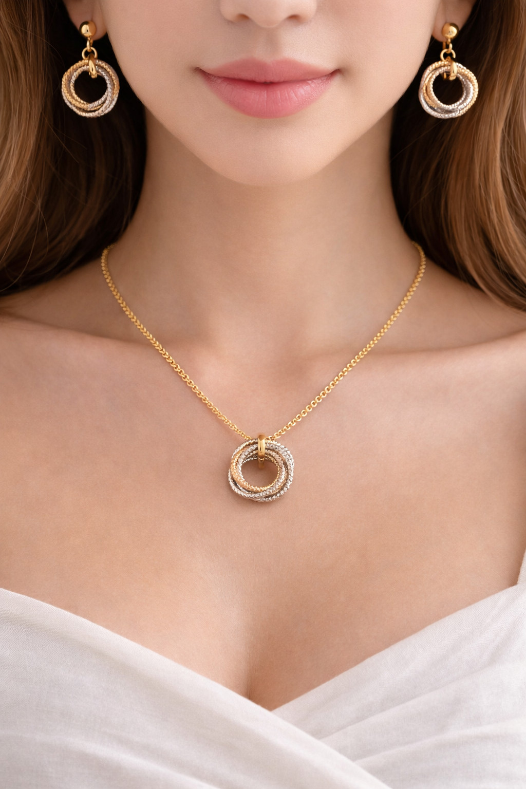 Real 14 K Tri Color Circles Necklace and Earrings 17″ Long +1″Extension