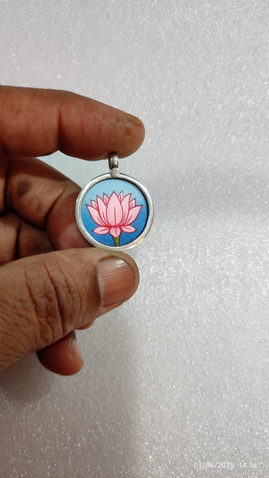 Handmade Miniature Painting Pink Colour Lotus Flower of Life Silver Pendant .