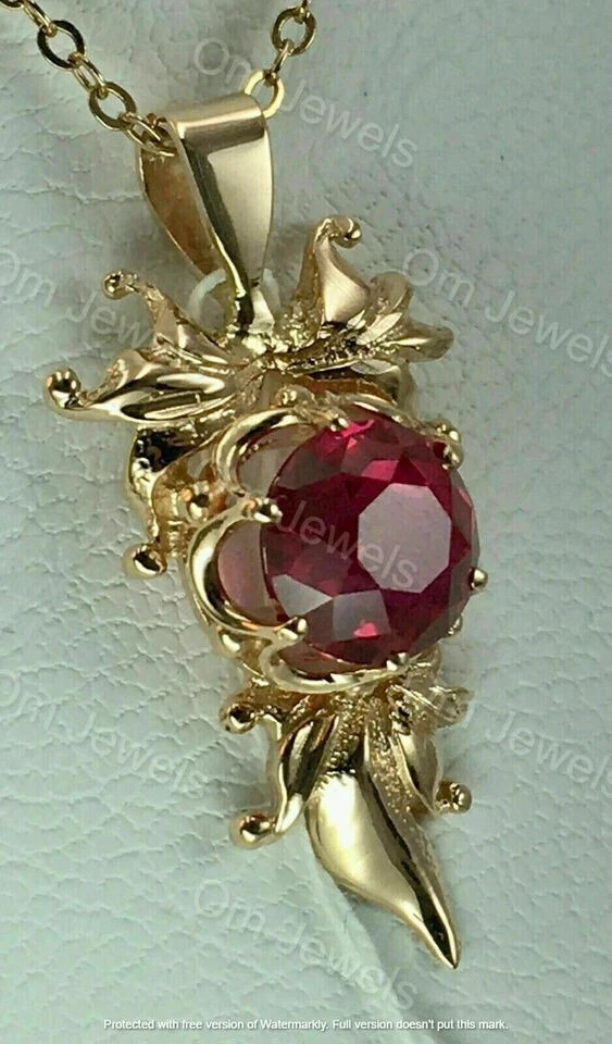 1,20Ct Round Cut Red Ruby Pendant 14K Yellow Gold Finish 18” Free Chain