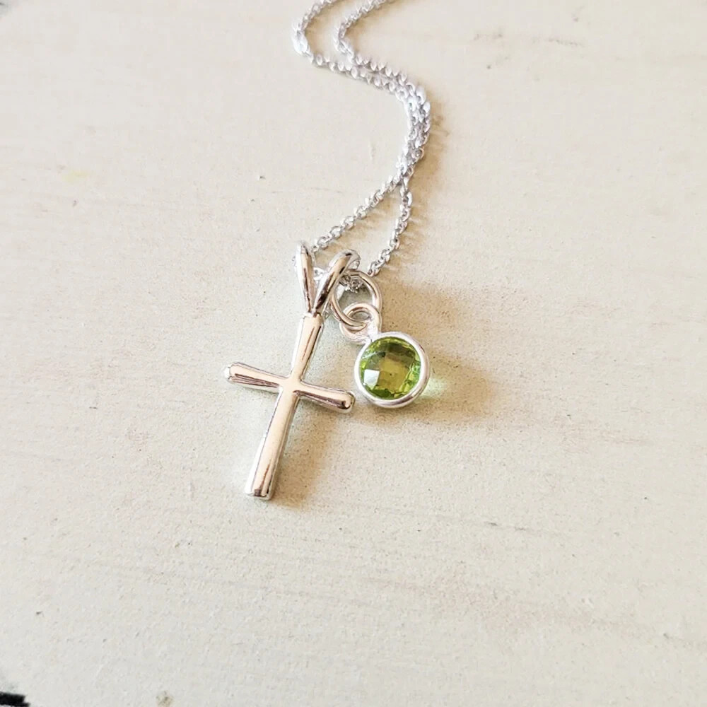 Sterling Silver Cross Charm Necklace with Birthstone