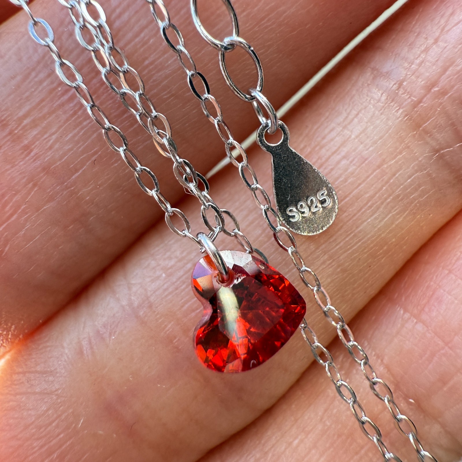 925 Sterling Silver Necklace 6mm Heart Red Natural Zircon Gemstone Chain Gift