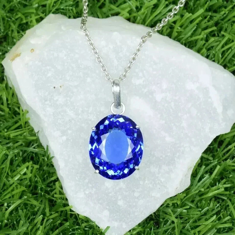 Natural Blue Tanzanite 30 Ct+ With Chain Oval Cut Gemstone 925 Silver Pendant