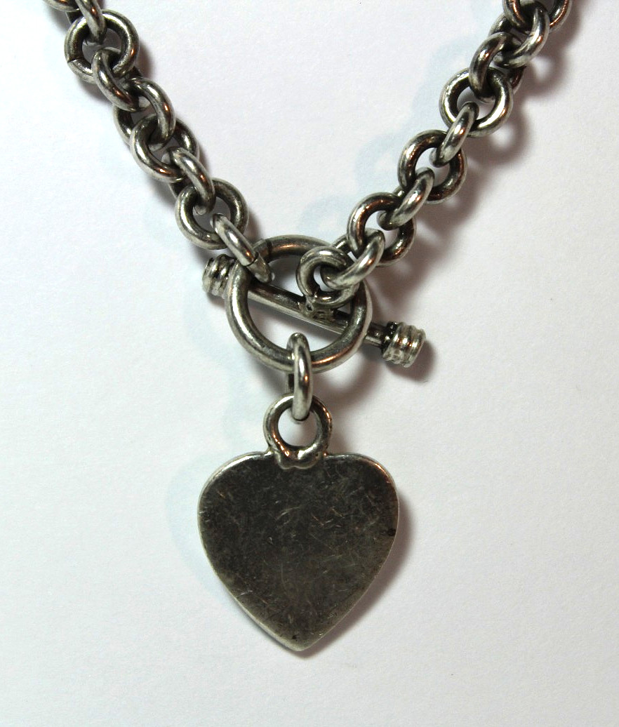 925 Sterling Silver Heart Tag Toggle Necklace Very Heavy Statement 35.4g