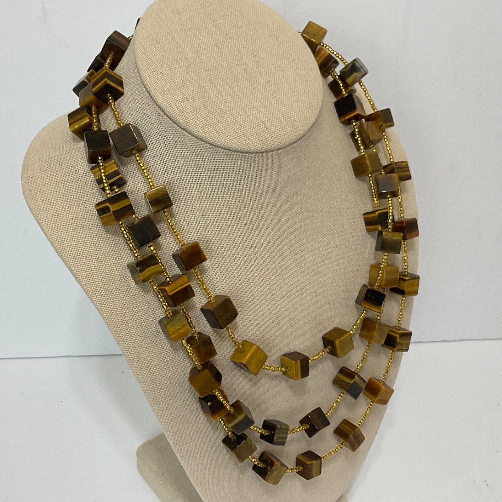 Genuine Tiger’s Eye Cube & Golden Bead Necklace Sterling Silver Toggle 64″ Long