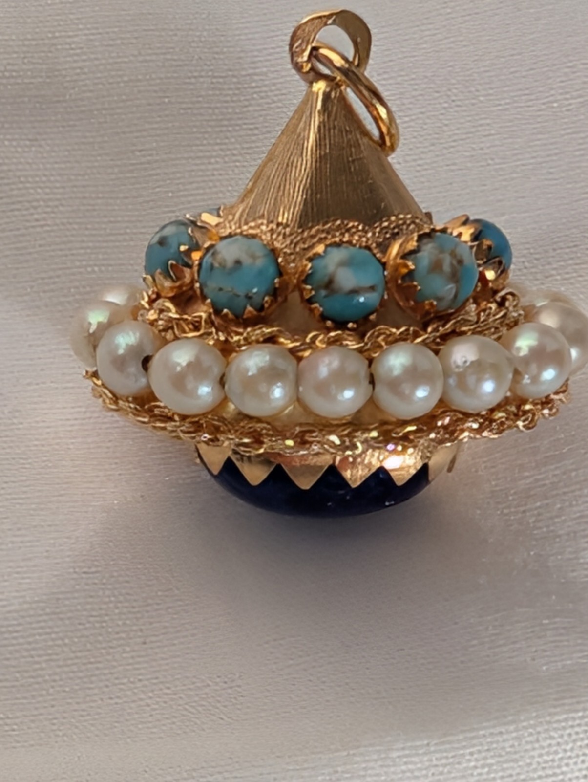 18K Gold ~ETRUSCAN STYLE LAPIS PEARL TURQUOISE~ Fob Charm Pendant