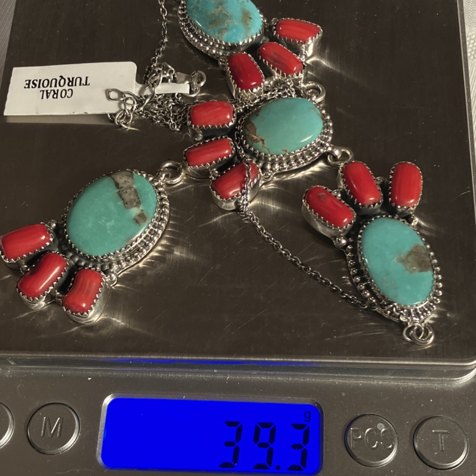 Natural Turquoise & Mediterranean Coral Bezel Set Lariat 18” Necklace 39gm Red